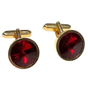 Vintage Mid Century Gold Cufflinks Red Tivoli Style Stones Signed West Germany